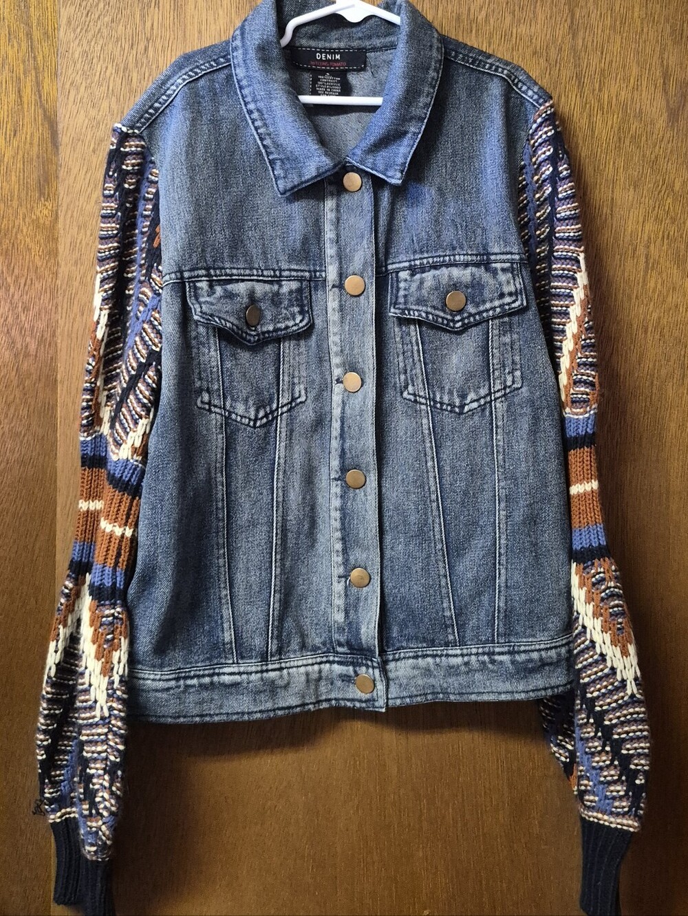 Flying Tomato Southwestern Aztec Knit Sleeve Denim Trucker Jacket Size S Boho